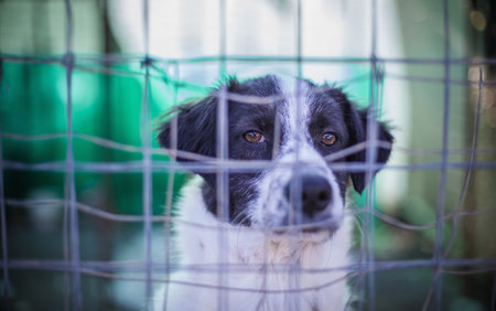 Portrait of alert dog behind wire fence
