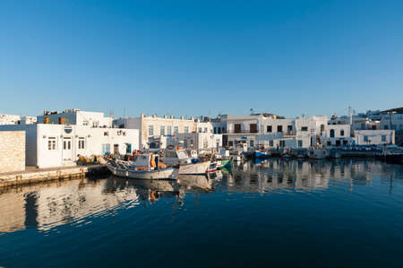 Fishing boats moored in harbour, Naousa, Paros, Cyclades Islands, Aegean sea, Greeceの写真素材