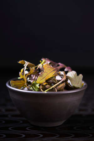 Salad leaves in brown dish