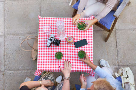 Three women sitting in garden, enjoying drink, overhead view
