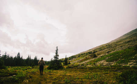 Rear view of man hiking alone in valley landscape, Ural Mountains, Russiaの写真素材