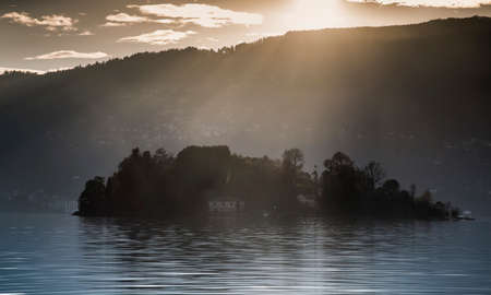 Small island, Lake Maggiore, Piedmont, Lombardy, Italyの写真素材
