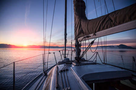 Boat deck at sunsetの写真素材