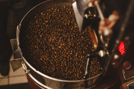 Roasted coffee beans in coffee roaster