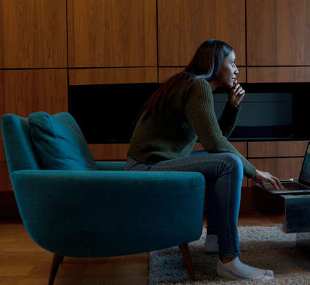 Side view of woman in armchair in front of wooden cabinets  using laptop looking awayの写真素材