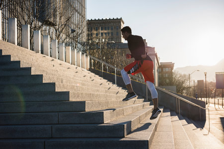 Young male runner running up city stairway