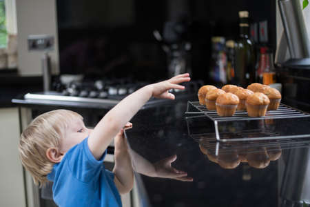 Young boy in kitchen, reaching up for freshly baked muffins