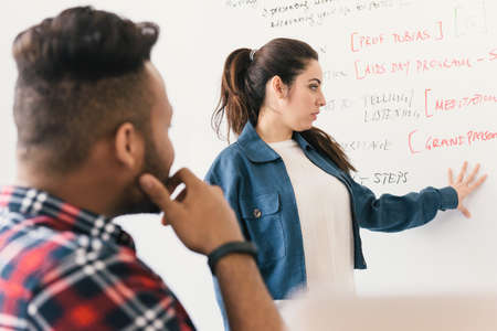 Woman at whiteboard giving presentationの写真素材