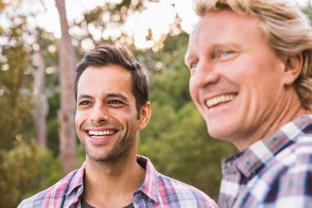 Two happy male hikers in forest, Deer Park, Cape Town, South Africaの写真素材