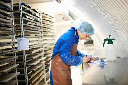 Female worker updating digital tablet in underground tunnel seed tray nursery, London, UK