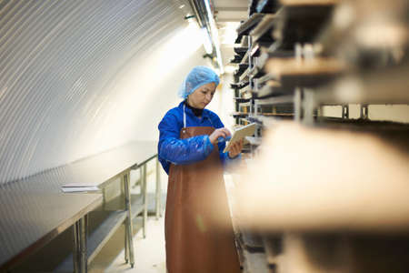 Female worker updating digital tablet whilst preparing stack of seed trays in underground tunnel nursery, London, UKの写真素材