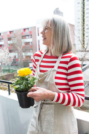 Woman gardening on balconyの写真素材