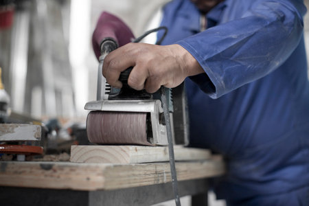 Hands of carpenter sanding plank in workshopの写真素材