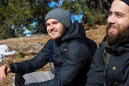 Hikers taking break, Mount Baldy, Californiaの写真素材
