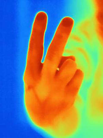Thermal image of woman's hand in obscene fingers gesture