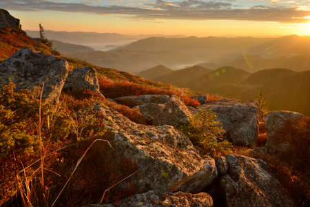 View from Vukhatiy Kamen Mountain on Dzembronya Village, Carpathian Mountains, Ivano-Frankovsk Region, Ukraineの写真素材