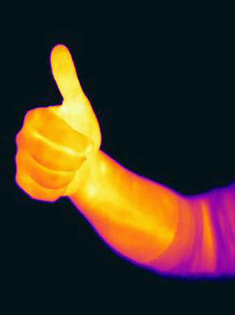 Thermal image of woman's hand giving thumbs upの写真素材