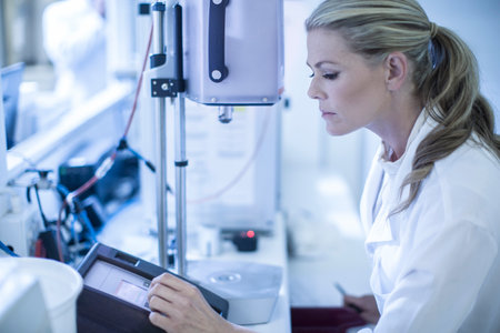 Mid adult woman adjusting laboratory equipmentの写真素材