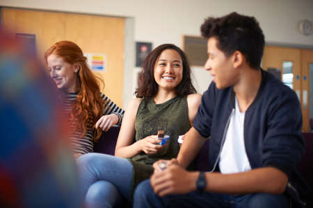 Young male and female students chatting in common roomの写真素材