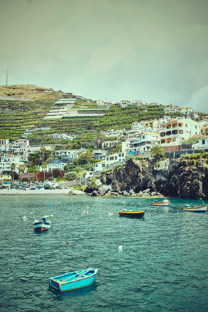 Boats in bay by hillside, Madeira, Camara de Lobos, Portugal