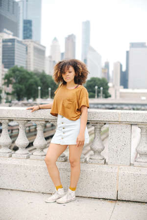 Woman leaning against stone baluster in front of Chicago skyline, Illinoisの写真素材