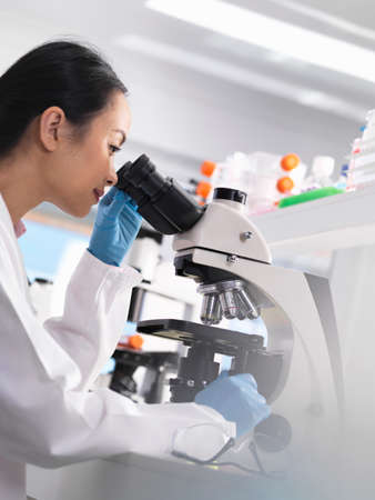 Scientist viewing a glass slide containing a human sample for medical testingの写真素材