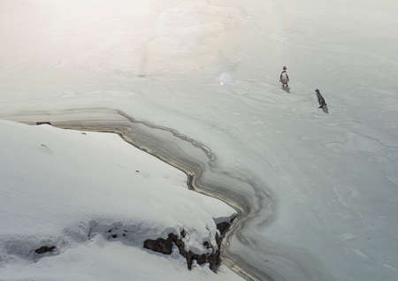 Penguins on frozen lakeの写真素材