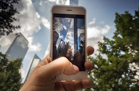 Iconic buildings, World Trade Centre on screen of cellphone, New York, USAの写真素材