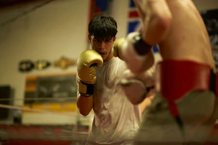 Two boxers sparring in boxing ring