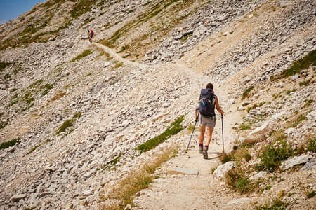 Rear view of hiker with walking poles on mountain path, Austria
