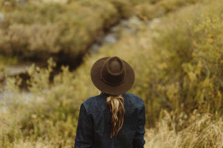 Woman standing by stream, rear view, Mineral King, Sequoia National Park, California, USA
