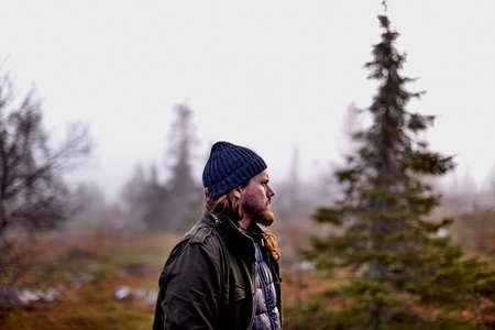 Hiker in park, Sarkitunturi, Lapland, Finland