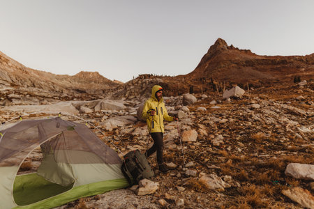 Male hiker hiking on rocky landscape, Mineral King, Sequoia National Park, California, USA