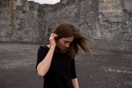 Portrait of woman, cliff in background, Ottawa, Ontarioの写真素材