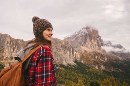 Hiker enjoying scenery, Mount Lagazuoi, Dolomite Alps, South Tyrol, Italyの写真素材
