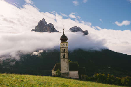 San Valentino Church, Schlern-Rosengarten Nature Park, Seiser Alm, South Tyrol, Dolomite Alps, Italyの写真素材