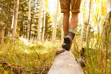 Man walking on log, low section, Flagstaff, Arizona, USAの写真素材