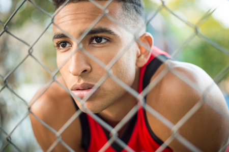 View through wire fence of young male athlete