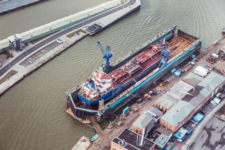 Ship being built in a dry dockの写真素材