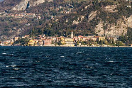 Italy, Varenna, Town seen across Lake Comoの写真素材
