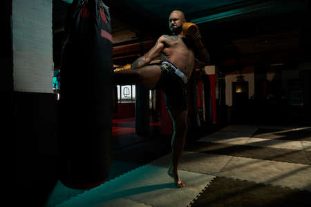 Shirtless boxer kicking punching bag in gymの写真素材