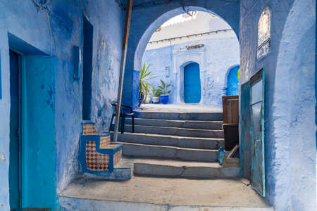 Morocco, Chefchaouen, Narrow steps and traditional blue housesのeditorial素材