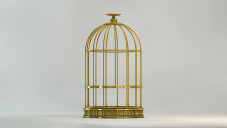 Cage gold in front view on white background metal vintage style concept symbol of freedom prison and releaseの写真素材