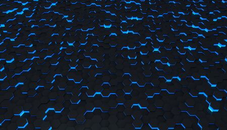 Clear pattern abstract background hexagon black and blue, wallpaper futuristic in perspective, tech space, illustration renderの写真素材