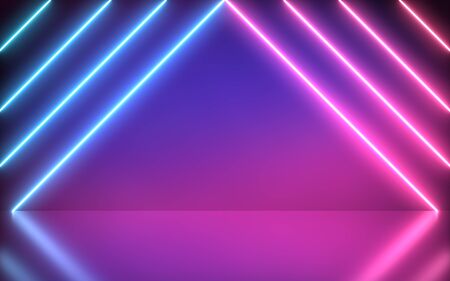 Neon Background Futuristic Abstract Blue And Pink with Light Shapes triangular On colorful and reflective floor, party and concert concept.の写真素材
