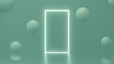Light frame in photo studio green and floating particles. empty space for text or product. cosmetic, food and health concept. abstract background studio. 3D rendering.の写真素材