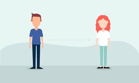 People social distancing concept for coronavirus COVID-19. Man and woman distance. Vector flat people illustration.のイラスト素材
