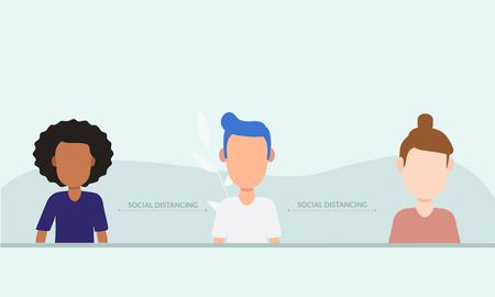 Social distancing concept for coronavirus COVID-19 outbreak. People different ethnic, black woman, blue hair man. Vector flat people illustration.のイラスト素材