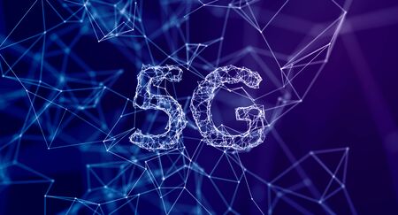 Abstract 5g and geometric background. tech backdrop of connections and dots. internet, fast connection concept. Colorful blue and purple.の写真素材