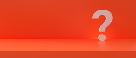 Question mark in panoramic studio red background. 3d rendering.の写真素材